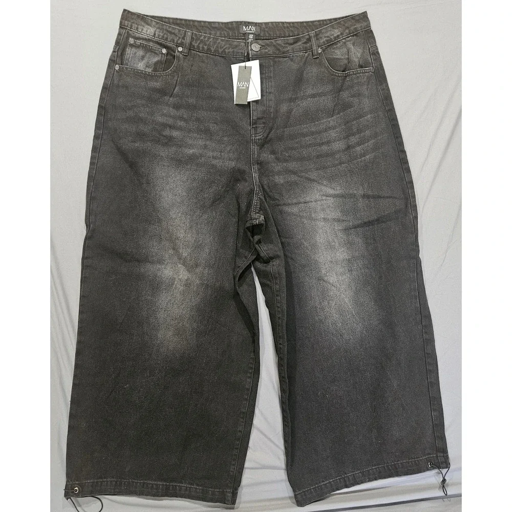 boohooMAN Parachute Jean Mens 44 Washed Black NWT Baggy Wide Leg Bungee Hem